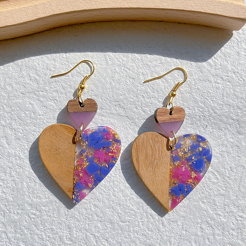 1 Pair Classical Classic Style Water Droplets Heart Shape Printing Wood Resin 14k Gold Plated Drop Earrings display picture 10