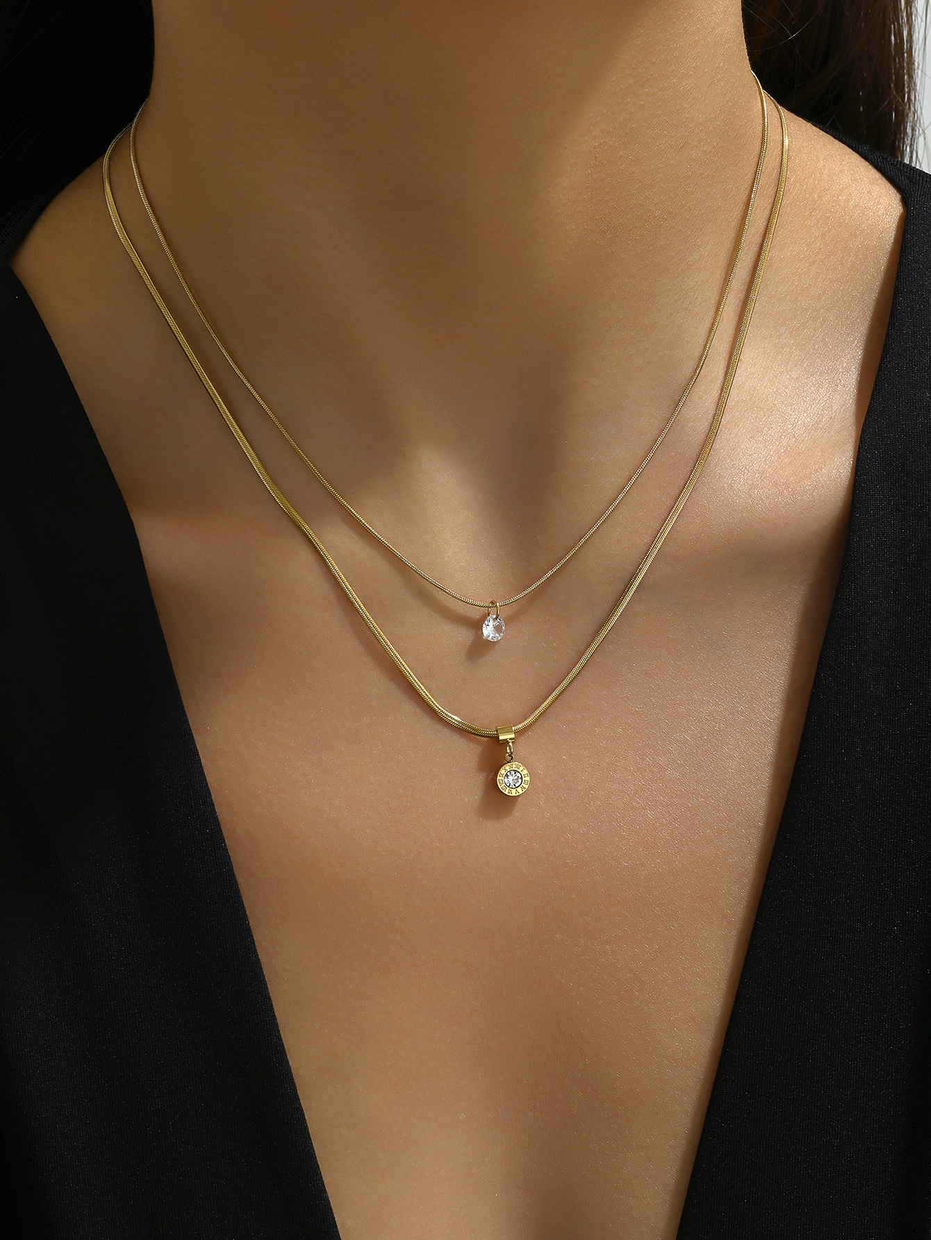 304 Stainless Steel 14K Gold Plated Simple Style Plating Inlay Roman Numeral Zircon Double Layer Necklaces display picture 6