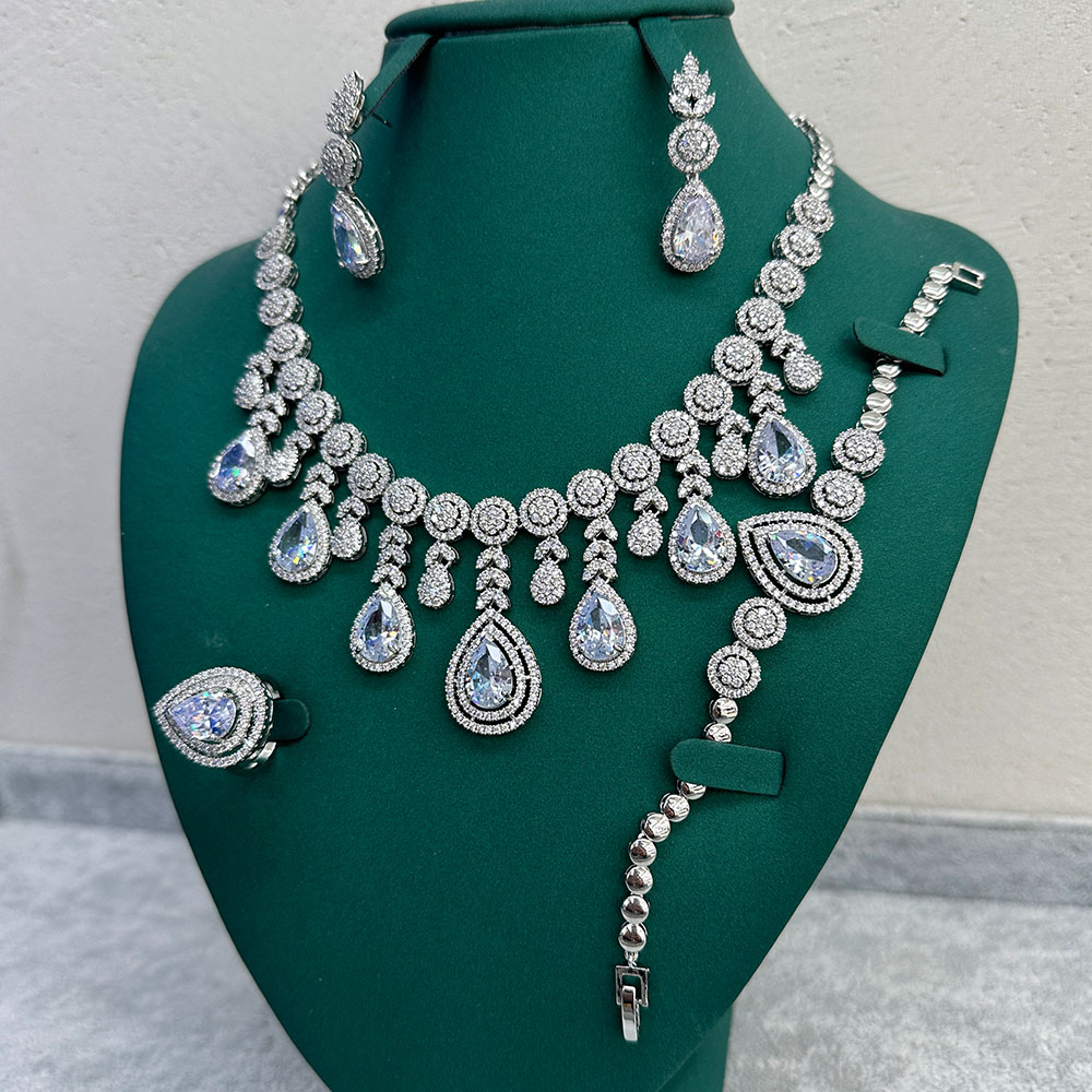 Queen Wedding Bridal Water Droplets Copper Zircon Bracelets Earrings Necklace In Bulk display picture 12