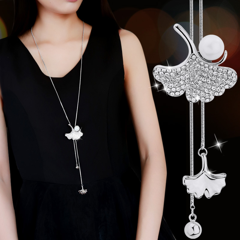 Elegant Ginkgo Leaf Alloy Inlay Artificial Pearls Glass Women's Sweater Chain display picture 5