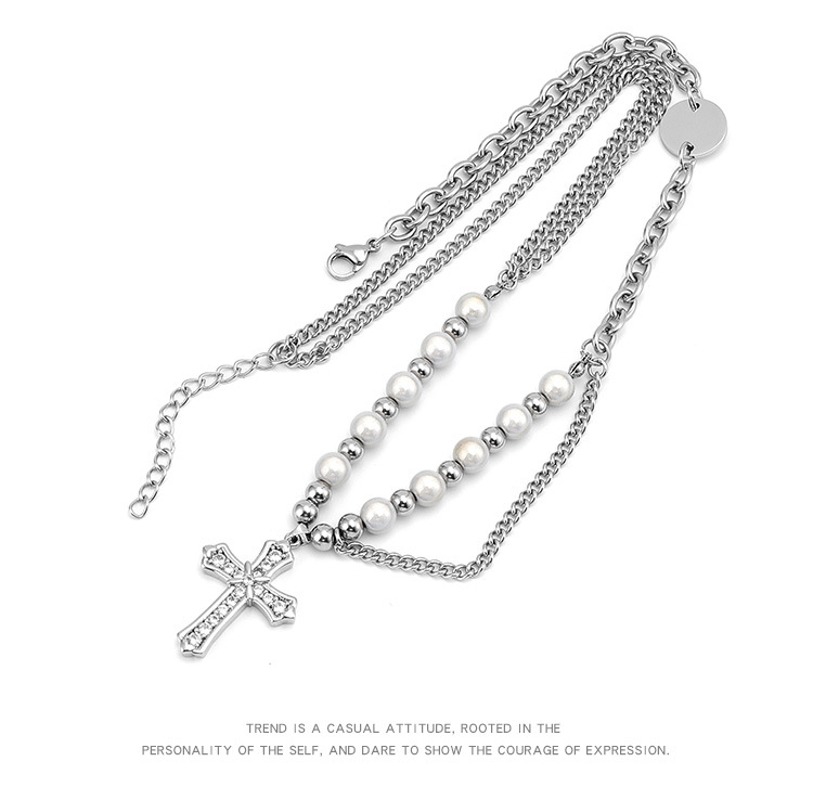 304 Stainless Steel Ethnic Style Beaded Plating Inlay Cross Abs Reflective Beads Zircon Pendant Necklace display picture 1