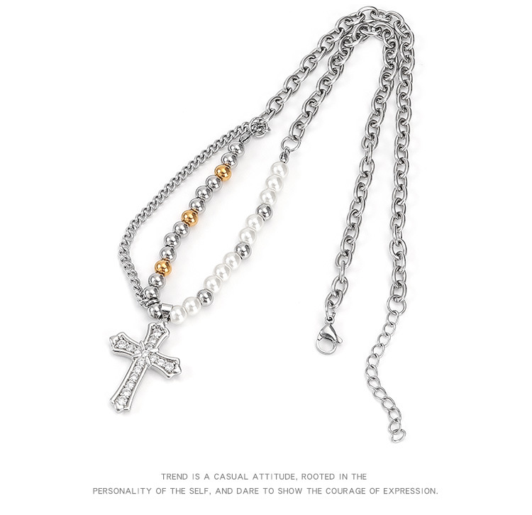 Hip-Hop Cross 304 Stainless Steel Artificial Pearl Beaded Polishing Zircon Unisex Pendant Necklace display picture 1