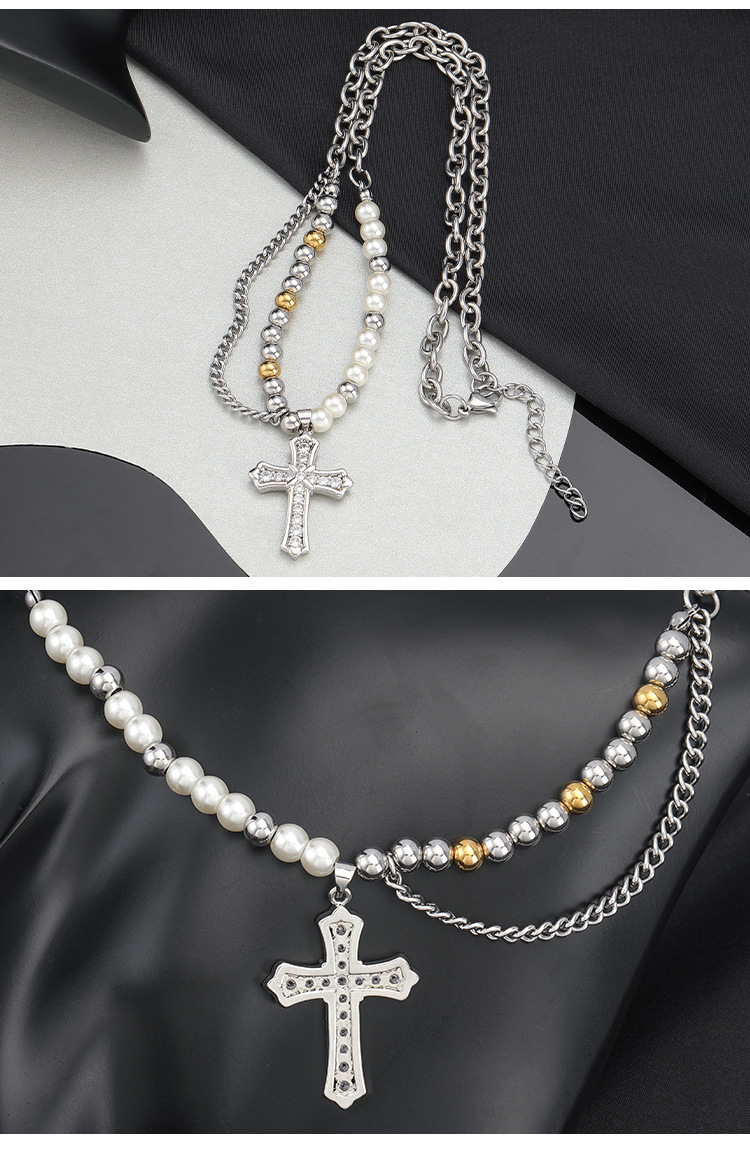 Hip-Hop Cross 304 Stainless Steel Artificial Pearl Beaded Polishing Zircon Unisex Pendant Necklace display picture 2