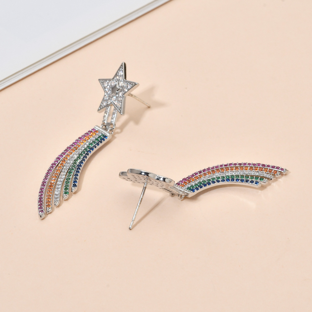 1 Pair Cute Luxurious Shiny Clouds Rainbow Star Asymmetrical Plating Inlay Copper Zircon White Gold Plated Drop Earrings display picture 1