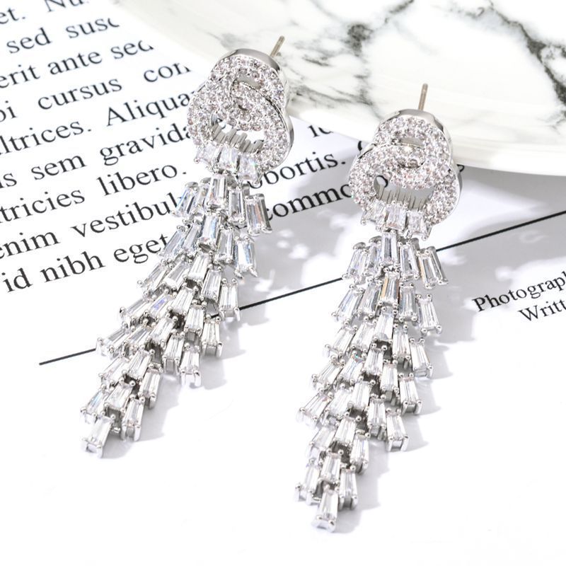 1 Pair Korean Style Tassel Plating Inlay Copper Zircon White Gold Plated Drop Earrings display picture 5