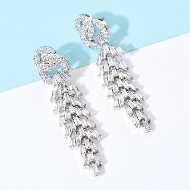 1 Pair Korean Style Tassel Plating Inlay Copper Zircon White Gold Plated Drop Earrings display picture 3