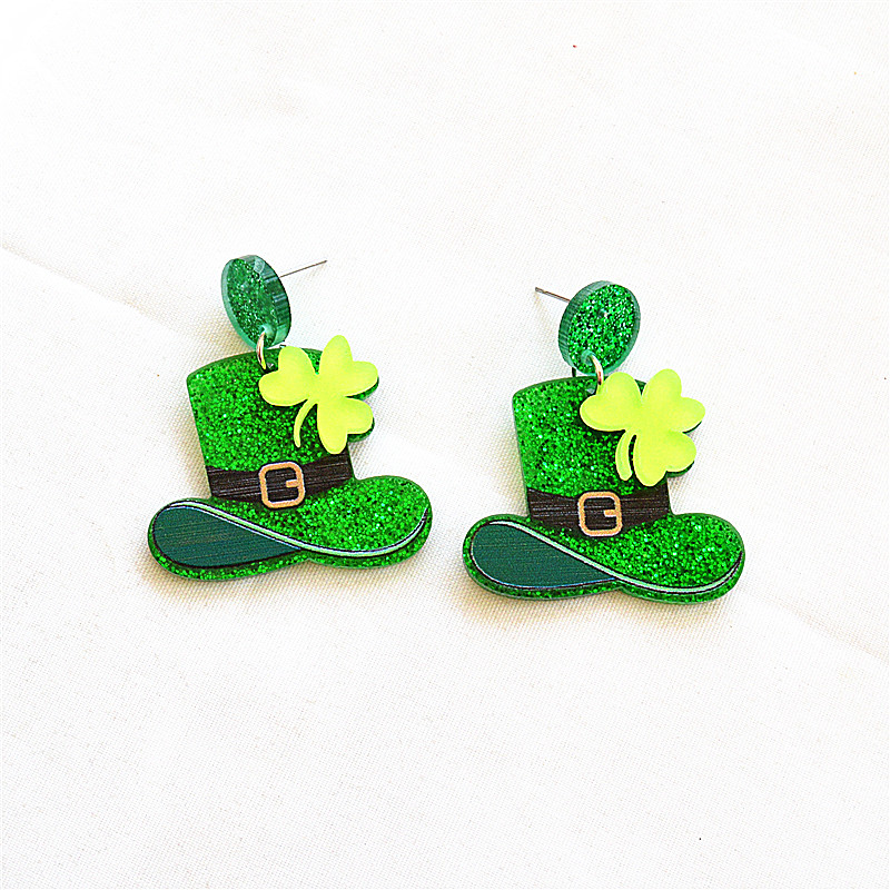 1 Pair Casual Simple Style Shamrock Four Leaf Clover Printing Stoving Varnish Carving Arylic Metal Drop Earrings display picture 2
