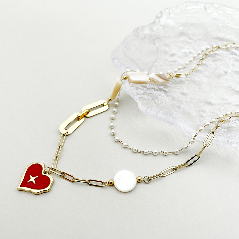 304 Stainless Steel Artificial Pearl Shell 14K Gold Plated Vintage Style Sweet Layered Enamel Plating Heart Shape Double Layer Necklaces display picture 2