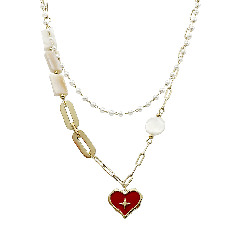 304 Stainless Steel Artificial Pearl Shell 14K Gold Plated Vintage Style Sweet Layered Enamel Plating Heart Shape Double Layer Necklaces display picture 4