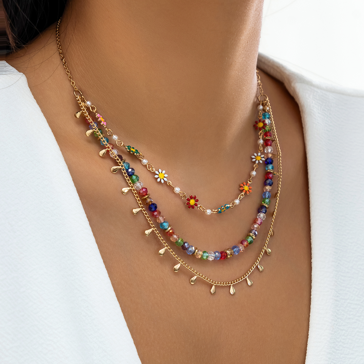 Hawaiian Vacation Round Water Droplets Flower Alloy Crystal Copper Wholesale Three Layer Necklace display picture 3
