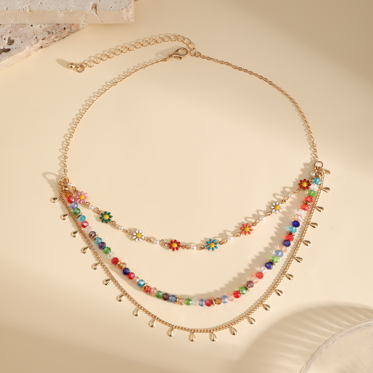 Hawaiian Vacation Round Water Droplets Flower Alloy Crystal Copper Wholesale Three Layer Necklace display picture 5