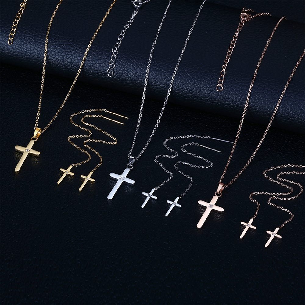 304 Stainless Steel 18K Gold Plated Simple Style Plating Cross Earrings Necklace display picture 6