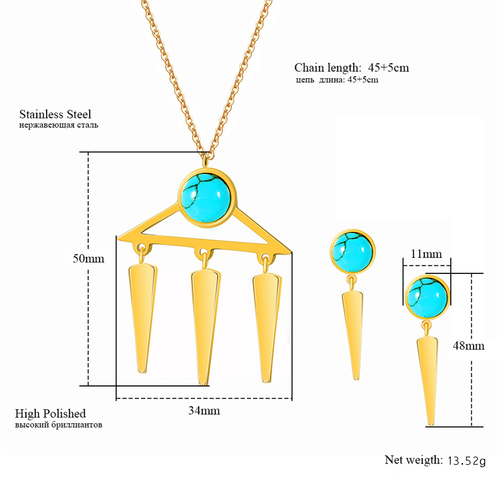 304 Stainless Steel 18K Gold Plated Simple Style British Style Plating Inlay Geometric Round Turquoise Jewelry Set display picture 1