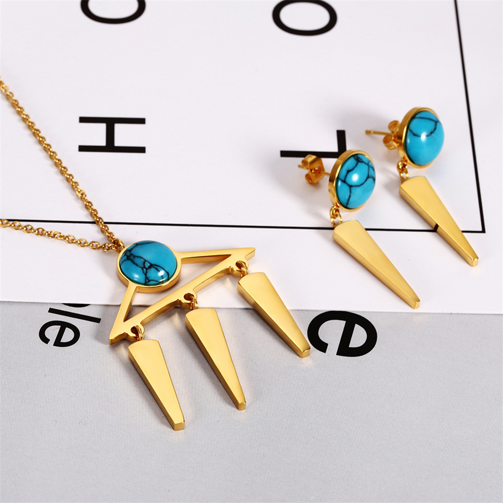 304 Stainless Steel 18K Gold Plated Simple Style British Style Plating Inlay Geometric Round Turquoise Jewelry Set display picture 3