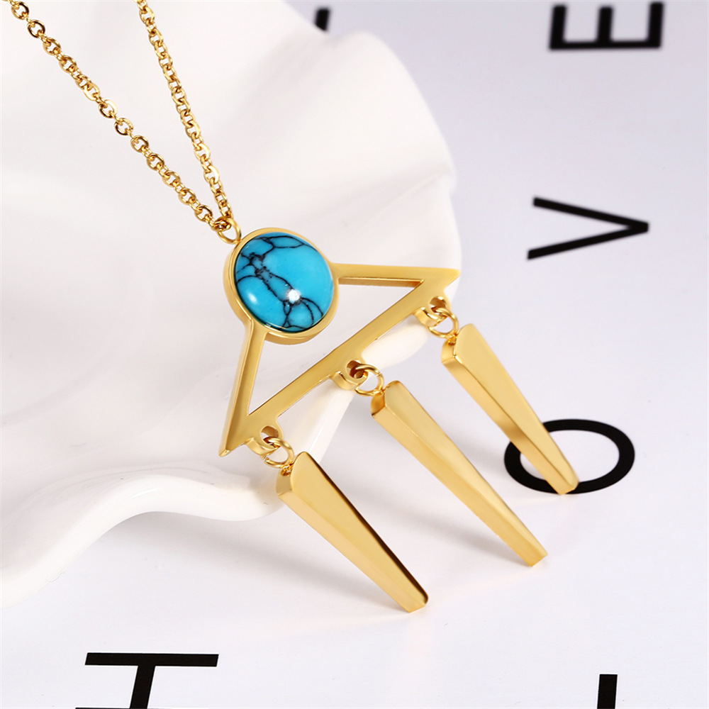 304 Stainless Steel 18K Gold Plated Simple Style British Style Plating Inlay Geometric Round Turquoise Jewelry Set display picture 6