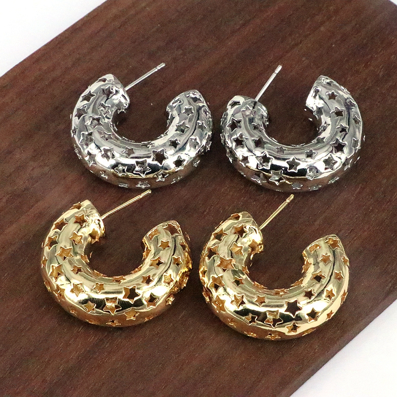 1 Pair Casual Simple Style C Shape Star Plating Hollow Out Copper 18k Gold Plated Silver Plated Ear Studs display picture 6