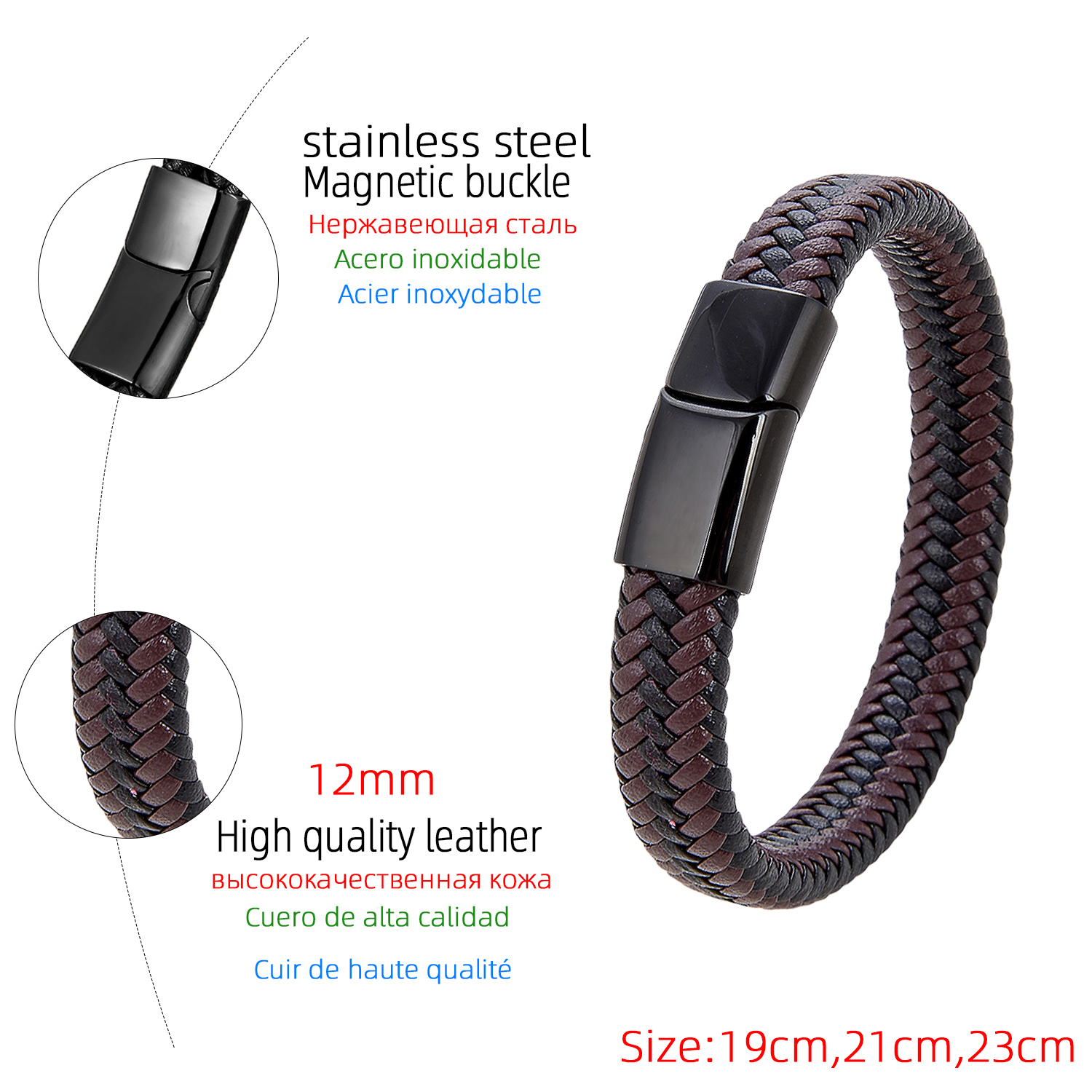 Vintage Style Simple Style Circle Stainless Steel Pu Leather Handmade Metal Button Men's Bracelets display picture 7