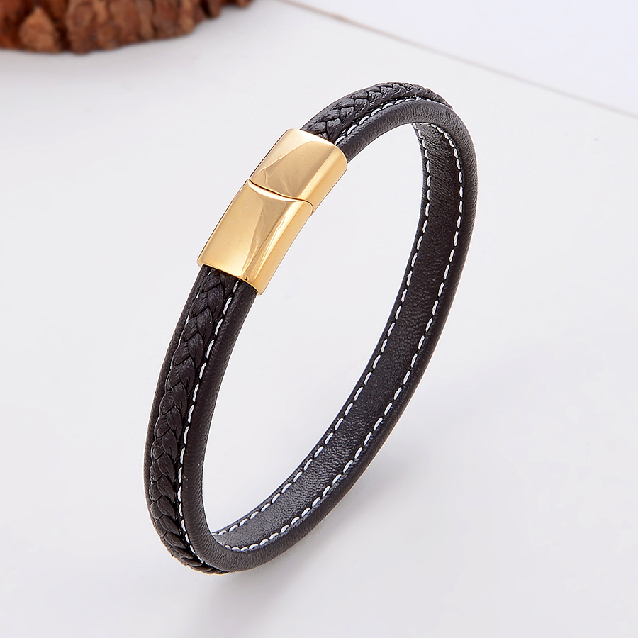 Classic Style Commute Solid Color Stainless Steel Pu Leather Handmade Metal Button Unisex Bangle display picture 6