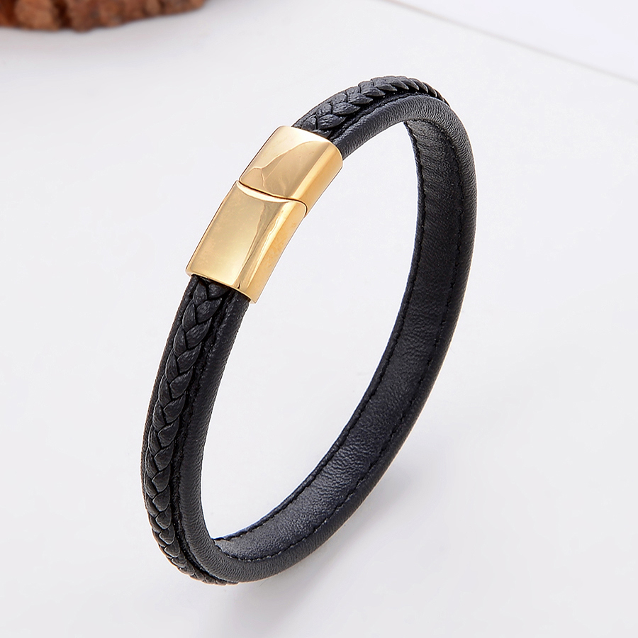 Style Classique Commuer Couleur Unie Acier Inoxydable Faux Cuir Fait Main Bouton En Métal Unisexe Bracelet display picture 4