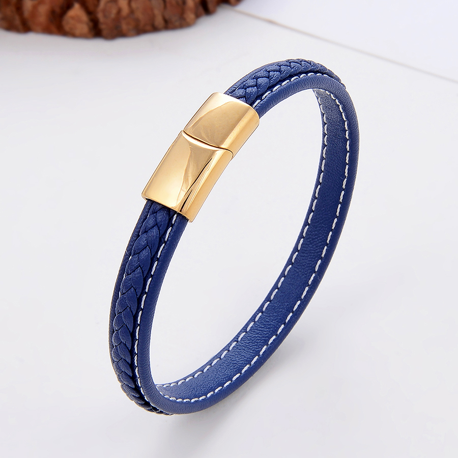Classic Style Commute Solid Color Stainless Steel Pu Leather Handmade Metal Button Unisex Bangle display picture 1