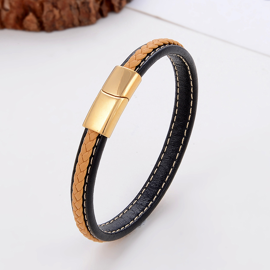 Classic Style Commute Solid Color Stainless Steel Pu Leather Handmade Metal Button Unisex Bangle display picture 5