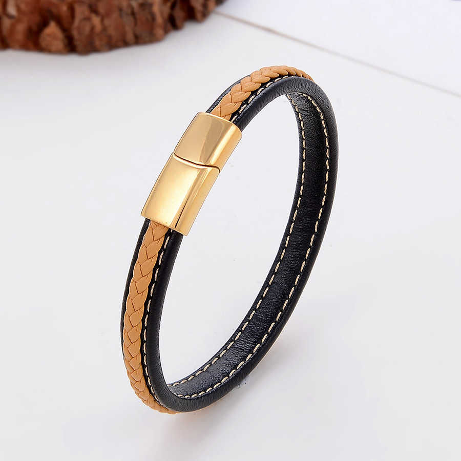 Style Classique Commuer Couleur Unie Acier Inoxydable Faux Cuir Fait Main Bouton En Métal Unisexe Bracelet display picture 5