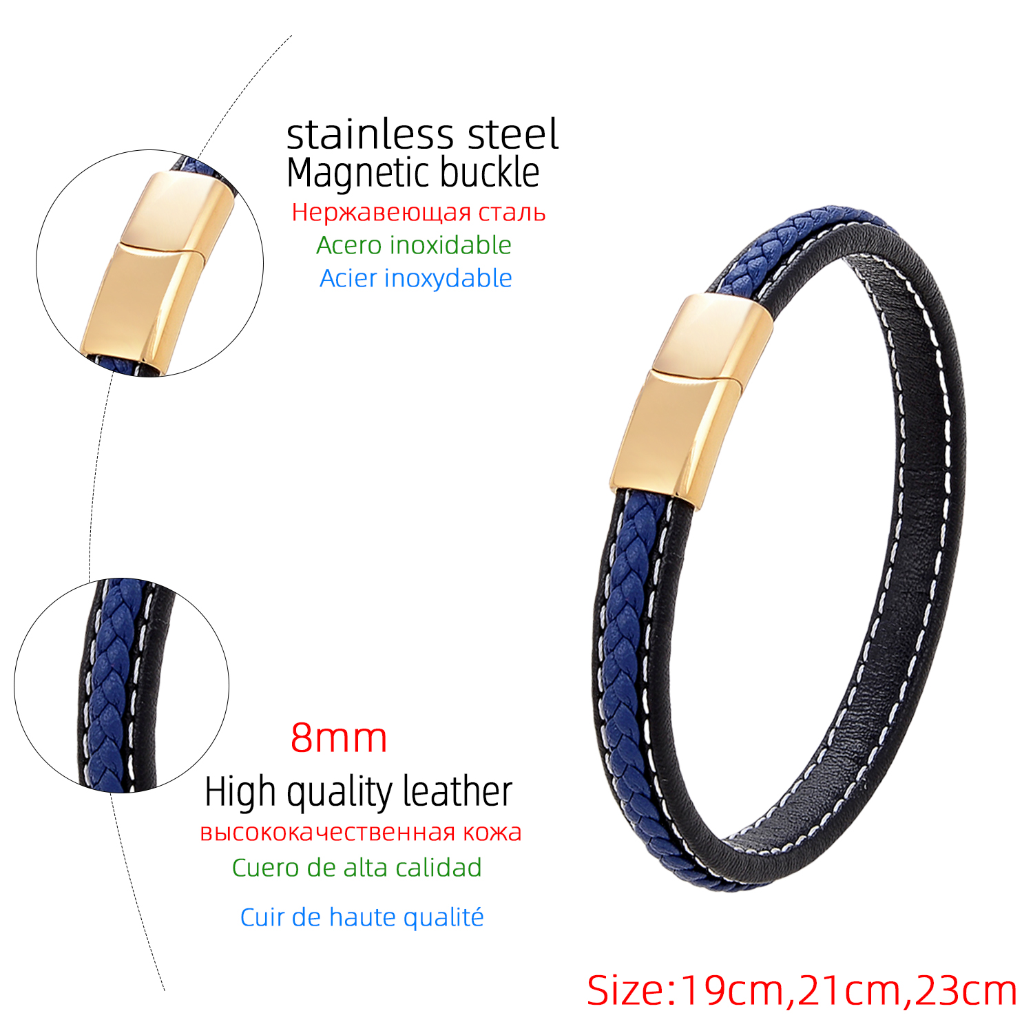 Classic Style Commute Solid Color Stainless Steel Pu Leather Handmade Metal Button Unisex Bangle display picture 9