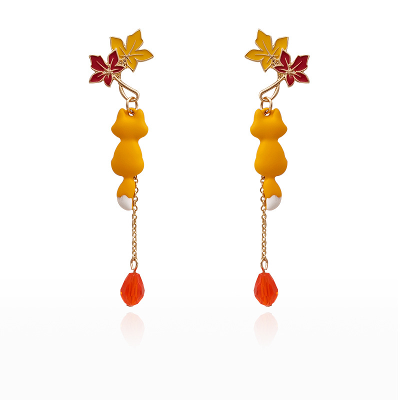1 Pair Ig Style Cute Maple Leaf Fox Enamel Stoving Varnish Plating Alloy Glass Drop Earrings display picture 1