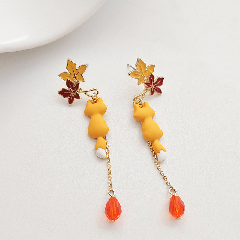 1 Pair Ig Style Cute Maple Leaf Fox Enamel Stoving Varnish Plating Alloy Glass Drop Earrings display picture 5