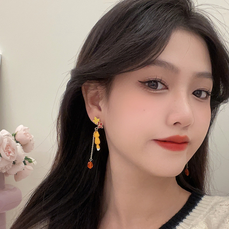1 Pair Ig Style Cute Maple Leaf Fox Enamel Stoving Varnish Plating Alloy Glass Drop Earrings display picture 8
