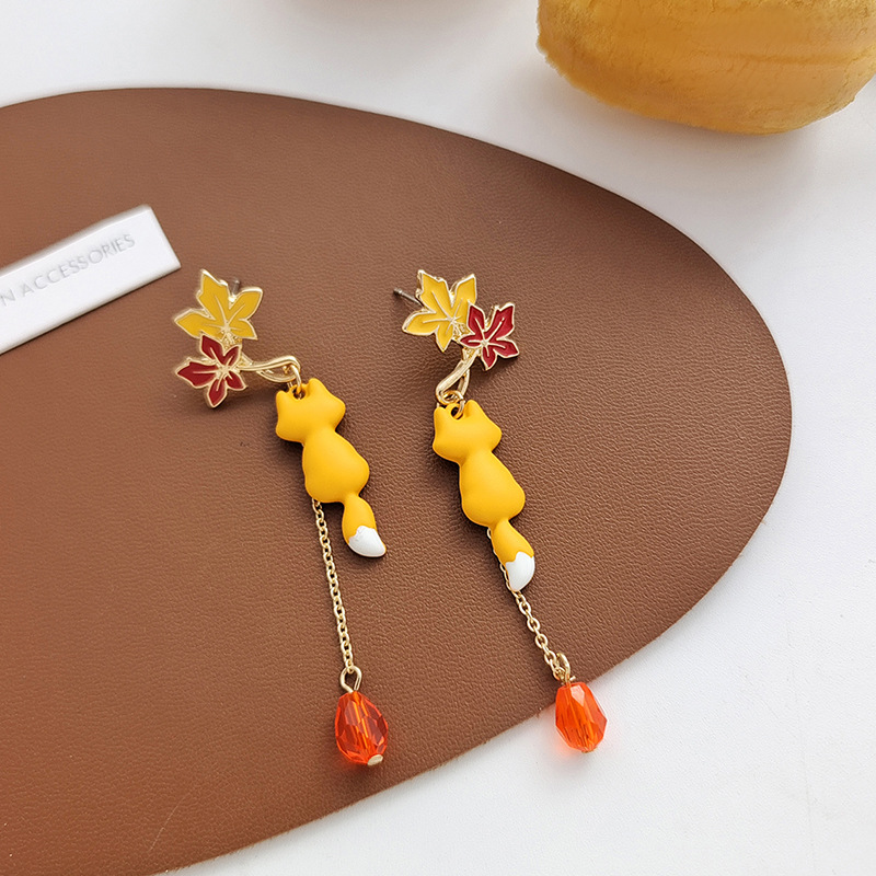 1 Pair Ig Style Cute Maple Leaf Fox Enamel Stoving Varnish Plating Alloy Glass Drop Earrings display picture 9