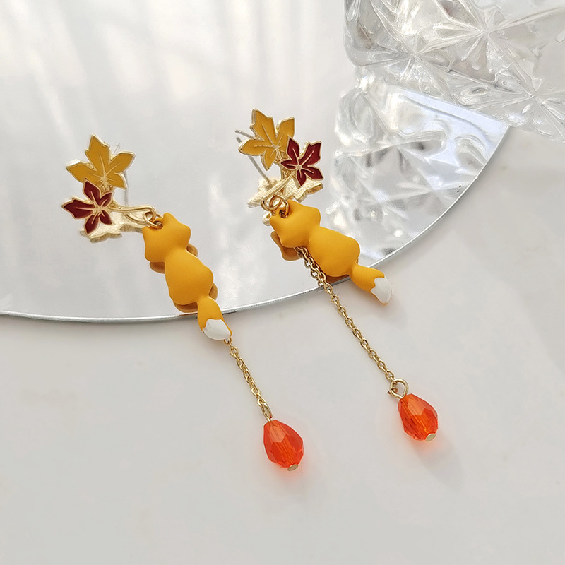 1 Pair Ig Style Cute Maple Leaf Fox Enamel Stoving Varnish Plating Alloy Glass Drop Earrings display picture 11