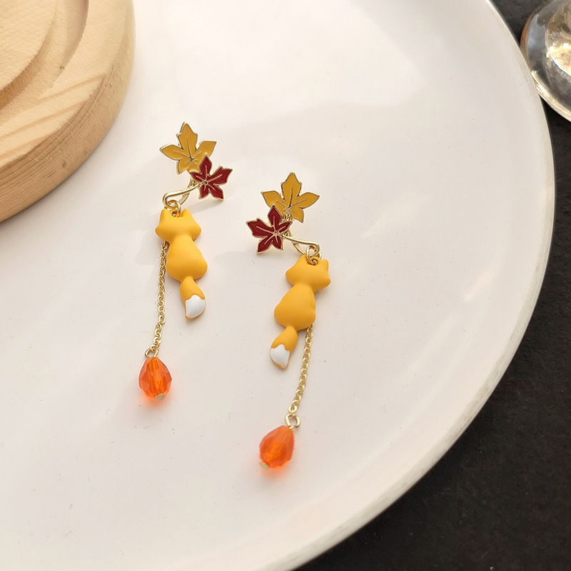 1 Pair Ig Style Cute Maple Leaf Fox Enamel Stoving Varnish Plating Alloy Glass Drop Earrings display picture 13