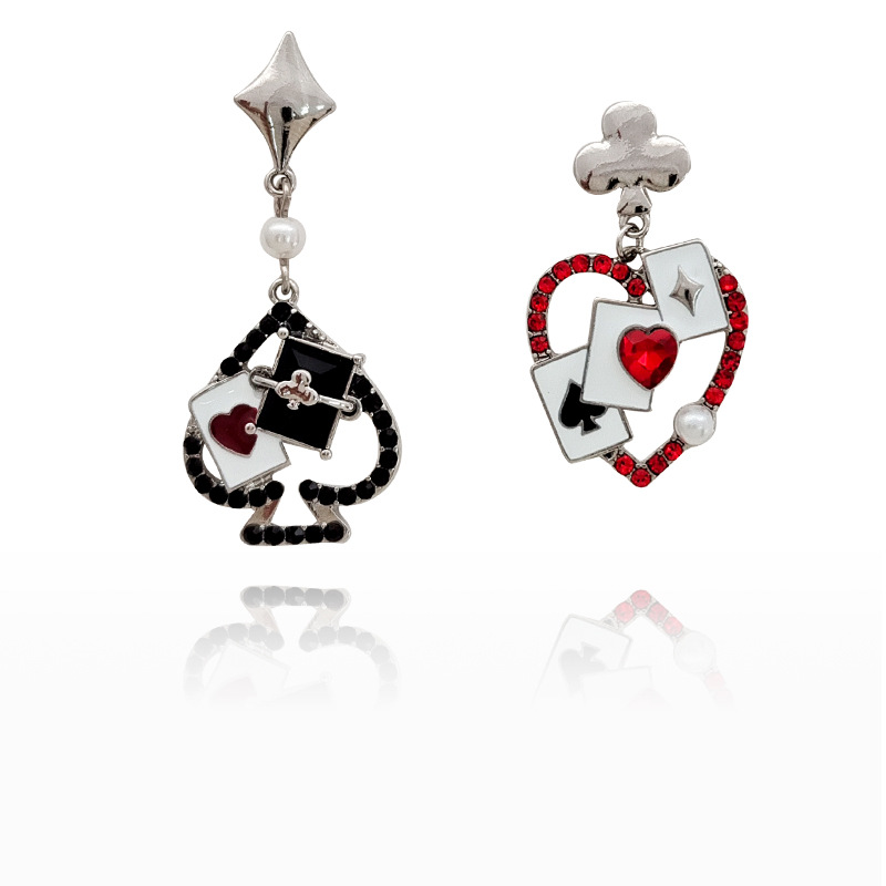 1 Pair Original Design Poker Heart Shape Asymmetrical Plating Inlay Alloy Artificial Pearls Gem Glass Drop Earrings display picture 1