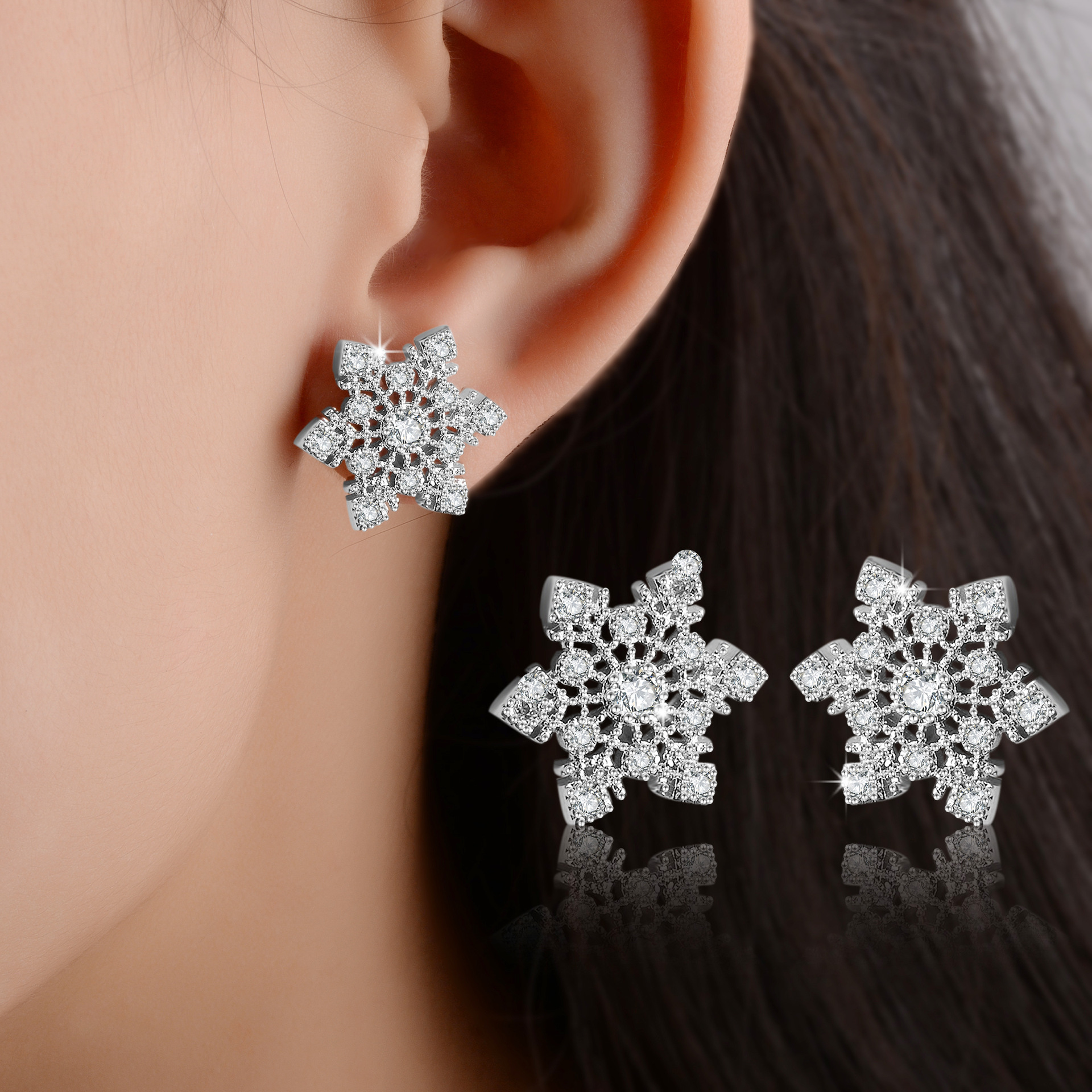 1 Pair Sweet Snowflake Inlay Copper Zircon Ear Studs display picture 9