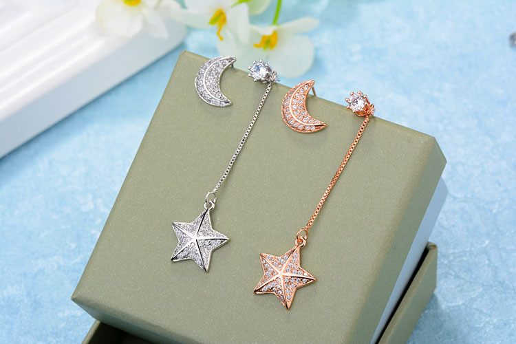 1 Pair IG Style Shiny Star Moon Asymmetrical Inlay Copper Zircon Drop Earrings Ear Studs display picture 10