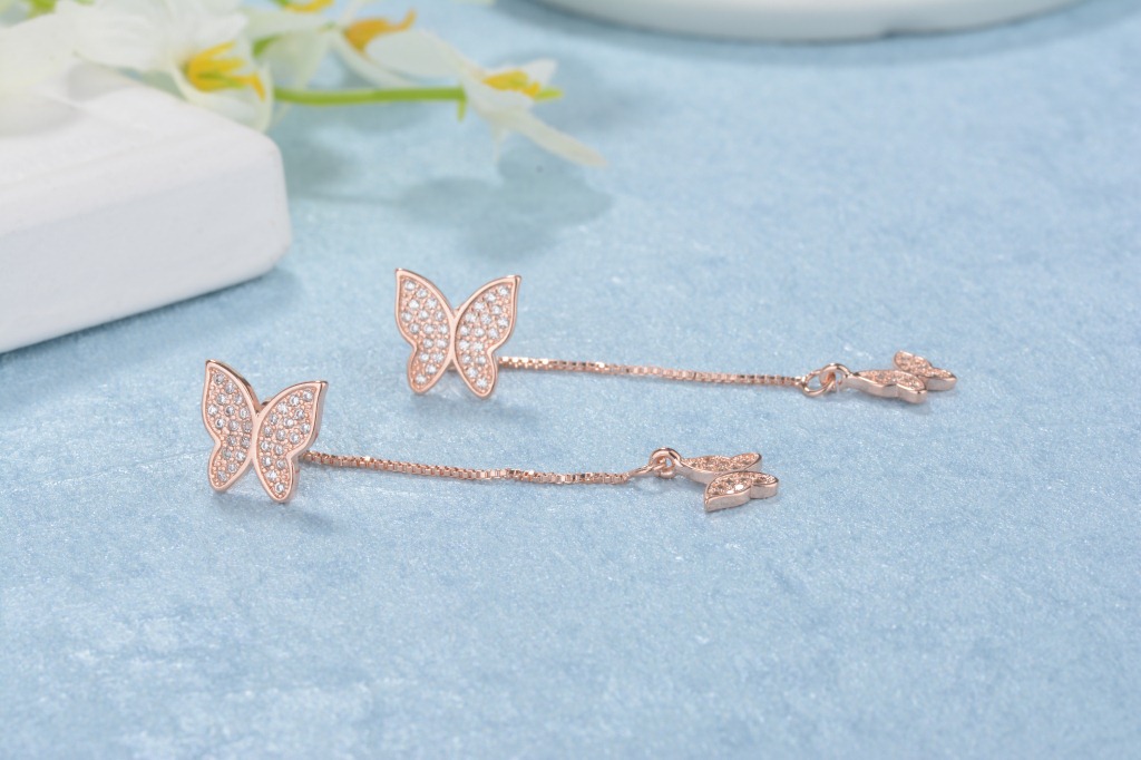 1 Pair Simple Style Shiny Butterfly Chain Inlay Copper Zircon Drop Earrings display picture 10