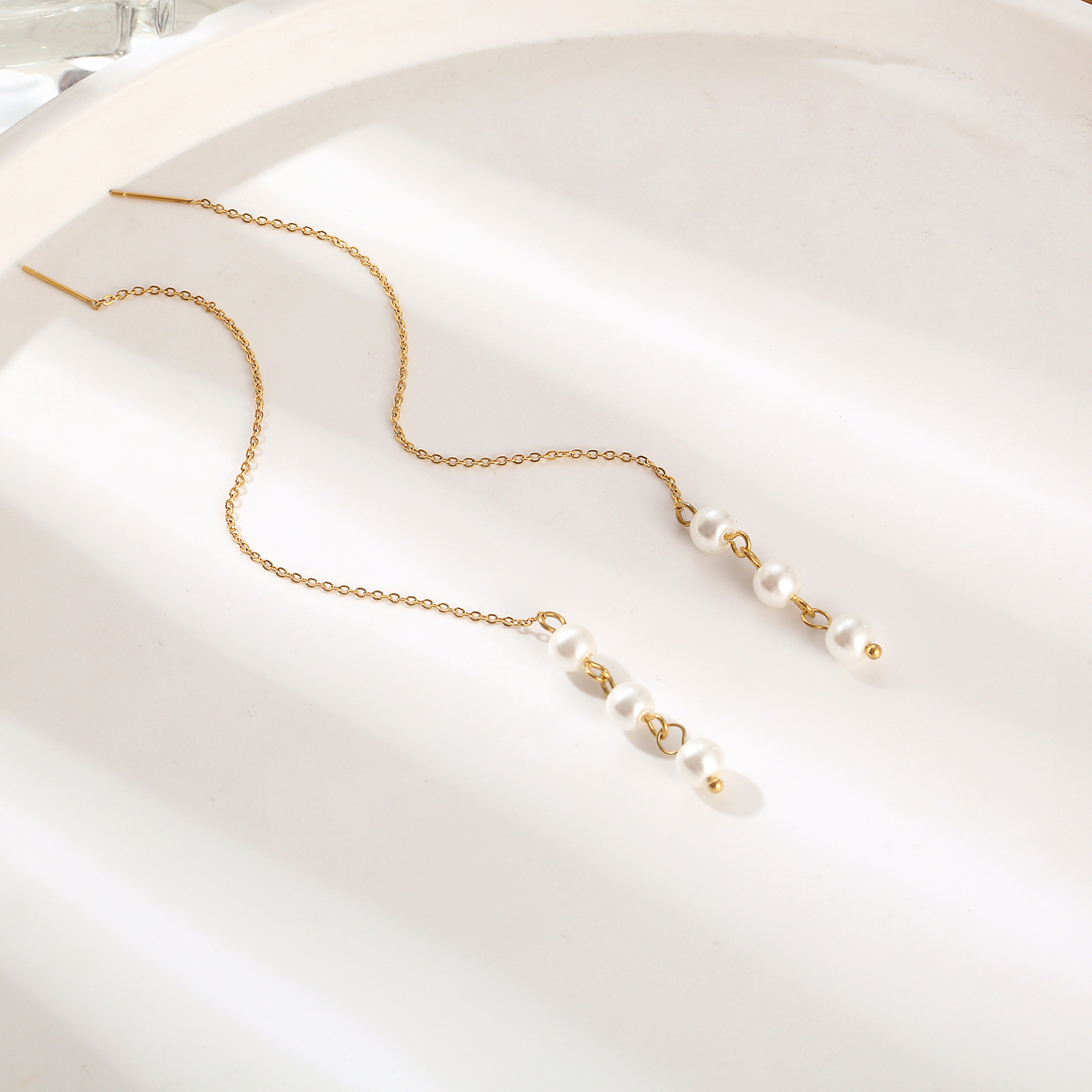 1 Paar Elegant Einfacher Stil Runden Perlen Perle Überzug Edelstahl 304 18 Karat Vergoldet Ohrlinie display picture 2