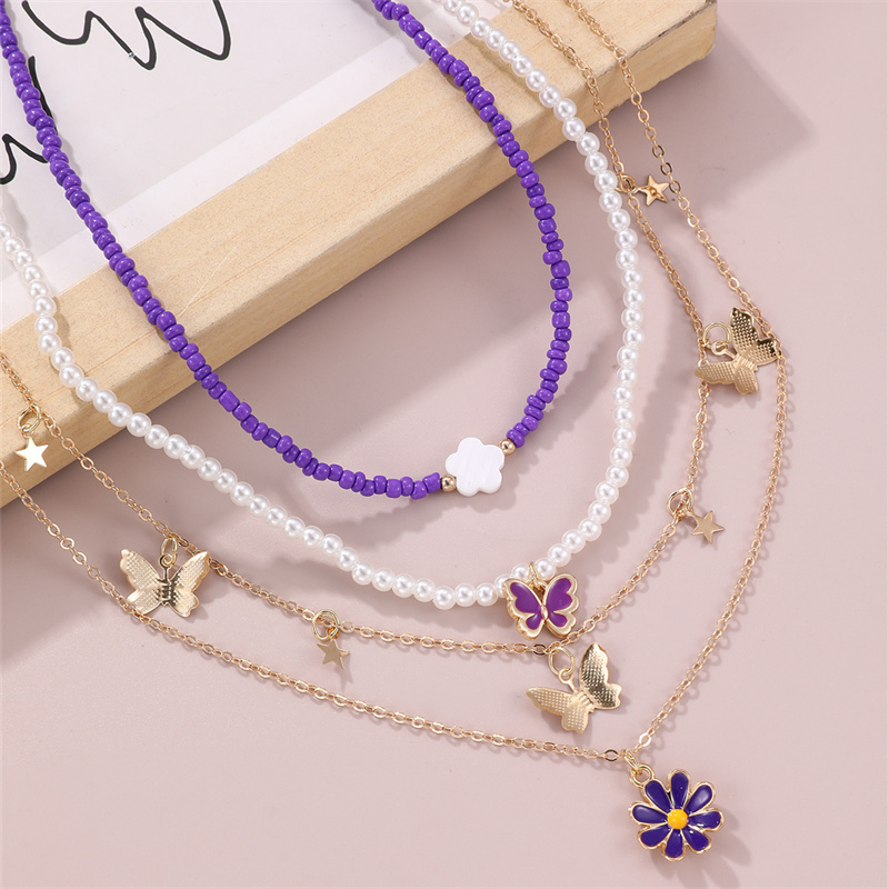 Cute Sweet Star Butterfly Daisy Beaded Artificial Pearl Layered Women's Pendant Necklace display picture 5