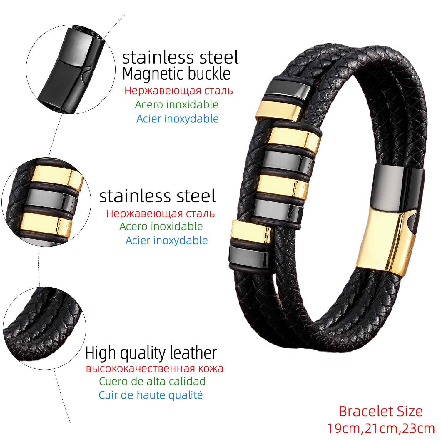 Vintage Style Punk Geometric Stainless Steel Pu Leather Metal Layered Handmade Metal Button Men's Bracelets display picture 8