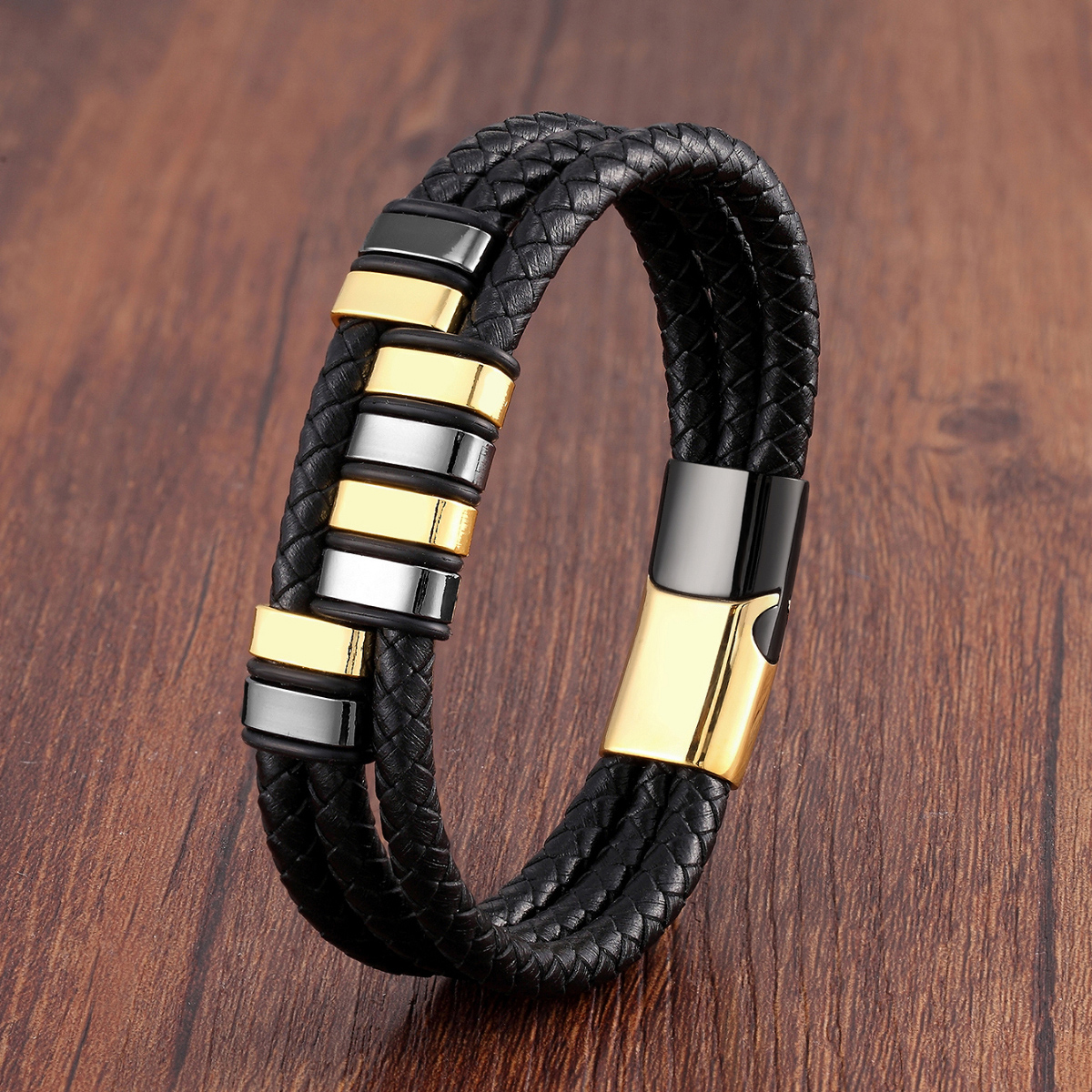 Vintage Style Punk Geometric Stainless Steel Pu Leather Metal Layered Handmade Metal Button Men's Bracelets display picture 1