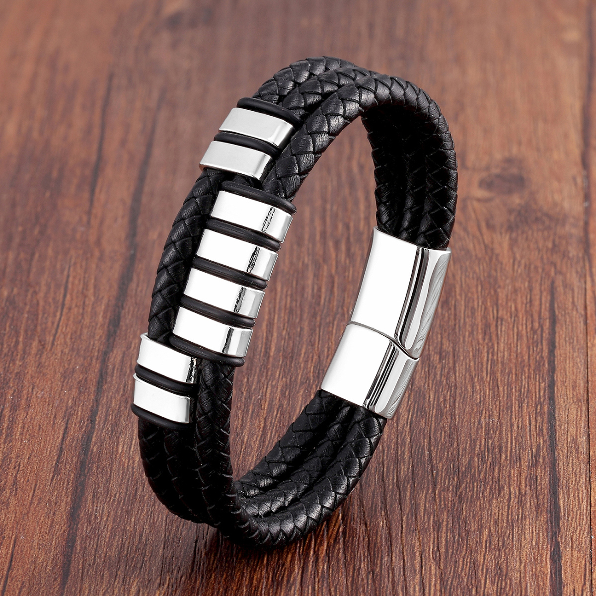 Vintage Style Punk Geometric Stainless Steel Pu Leather Metal Layered Handmade Metal Button Men's Bracelets display picture 6