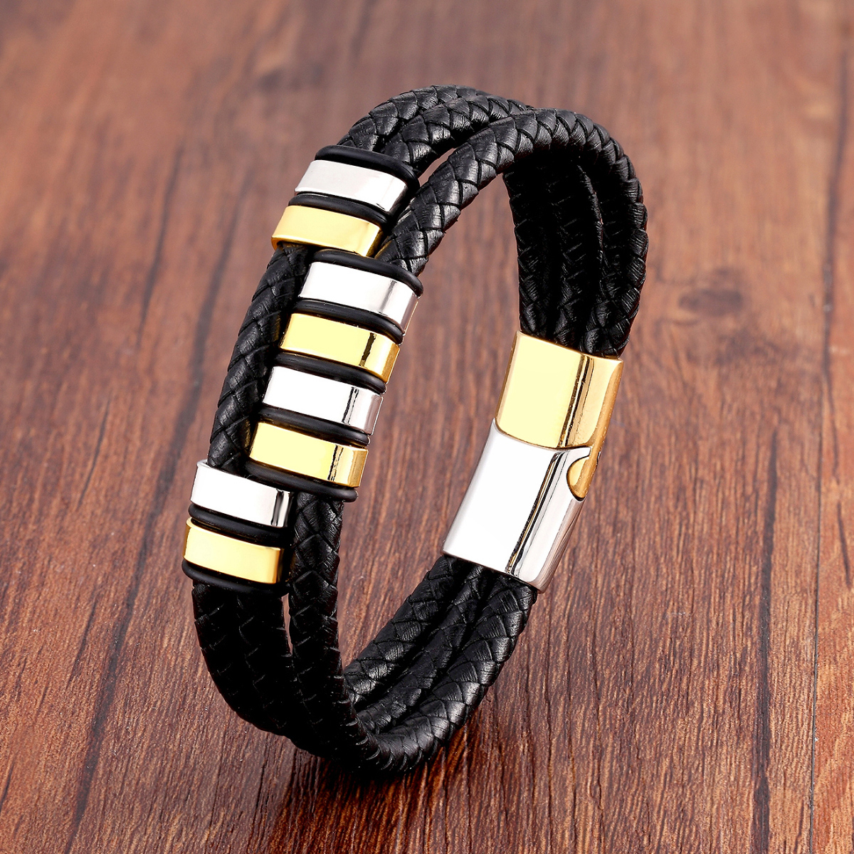 Vintage Style Punk Geometric Stainless Steel Pu Leather Metal Layered Handmade Metal Button Men's Bracelets display picture 2