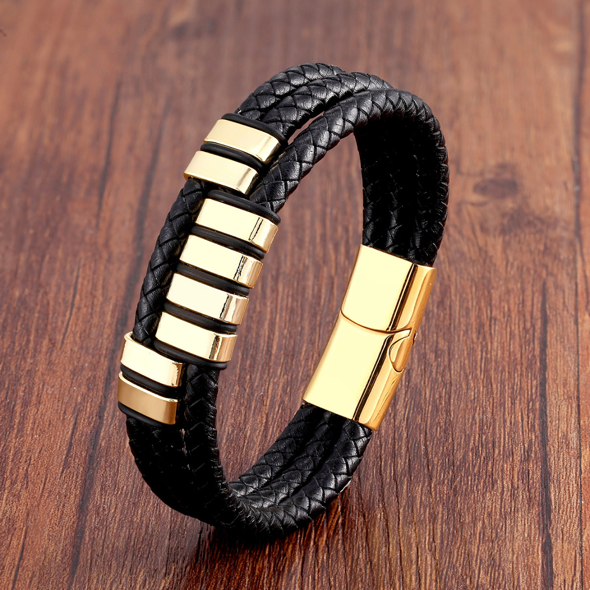 Vintage Style Punk Geometric Stainless Steel Pu Leather Metal Layered Handmade Metal Button Men's Bracelets display picture 4