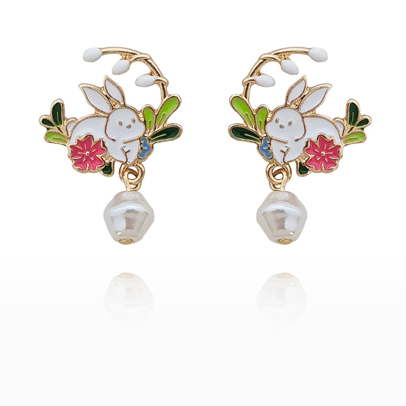 1 Pair Cute Sweet Rabbit Flower Enamel Pearl Plating Alloy Drop Earrings display picture 1