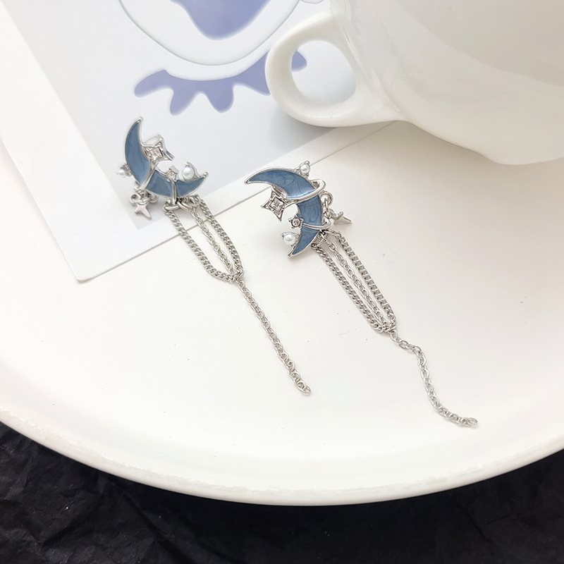 1 Pair Ig Style Original Design Simple Style Star Moon Tassel Enamel Plating Inlay Alloy Artificial Pearls Gem Drop Earrings display picture 1