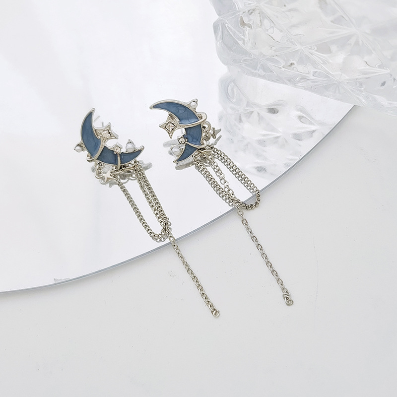 1 Pair Ig Style Original Design Simple Style Star Moon Tassel Enamel Plating Inlay Alloy Artificial Pearls Gem Drop Earrings display picture 6
