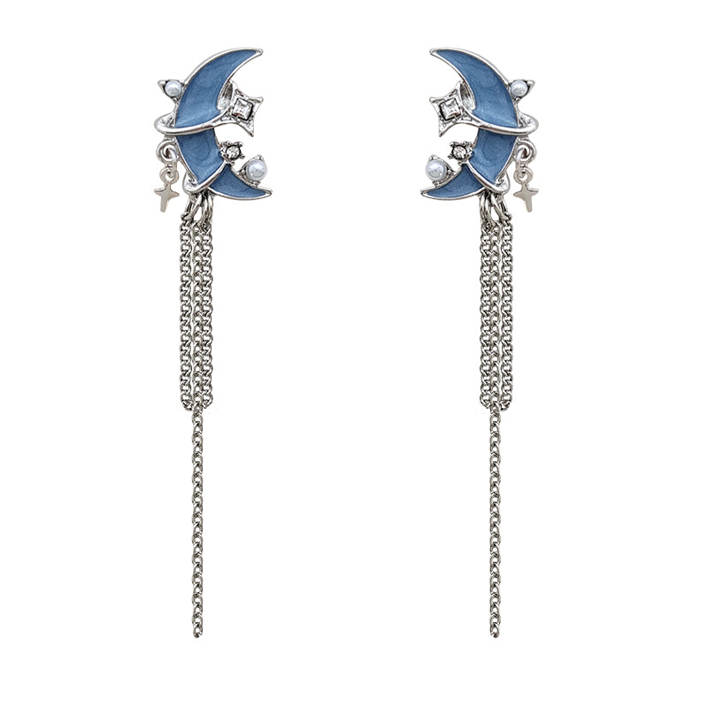 1 Pair Ig Style Original Design Simple Style Star Moon Tassel Enamel Plating Inlay Alloy Artificial Pearls Gem Drop Earrings display picture 8