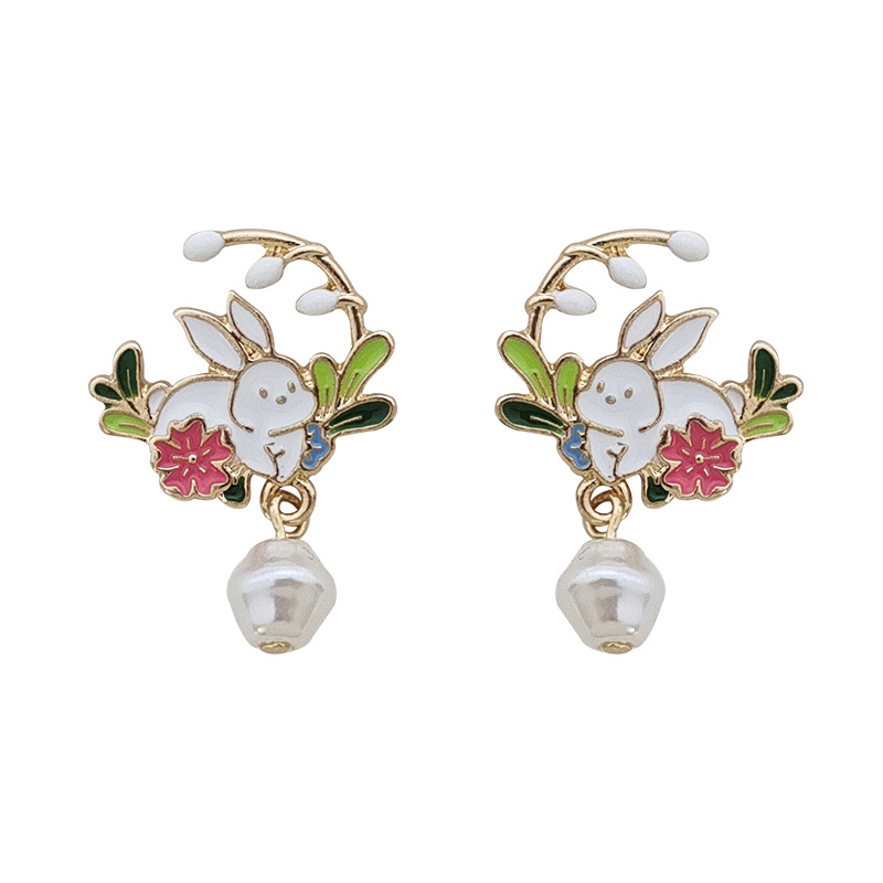 1 Pair Cute Sweet Rabbit Flower Enamel Pearl Plating Alloy Drop Earrings display picture 14