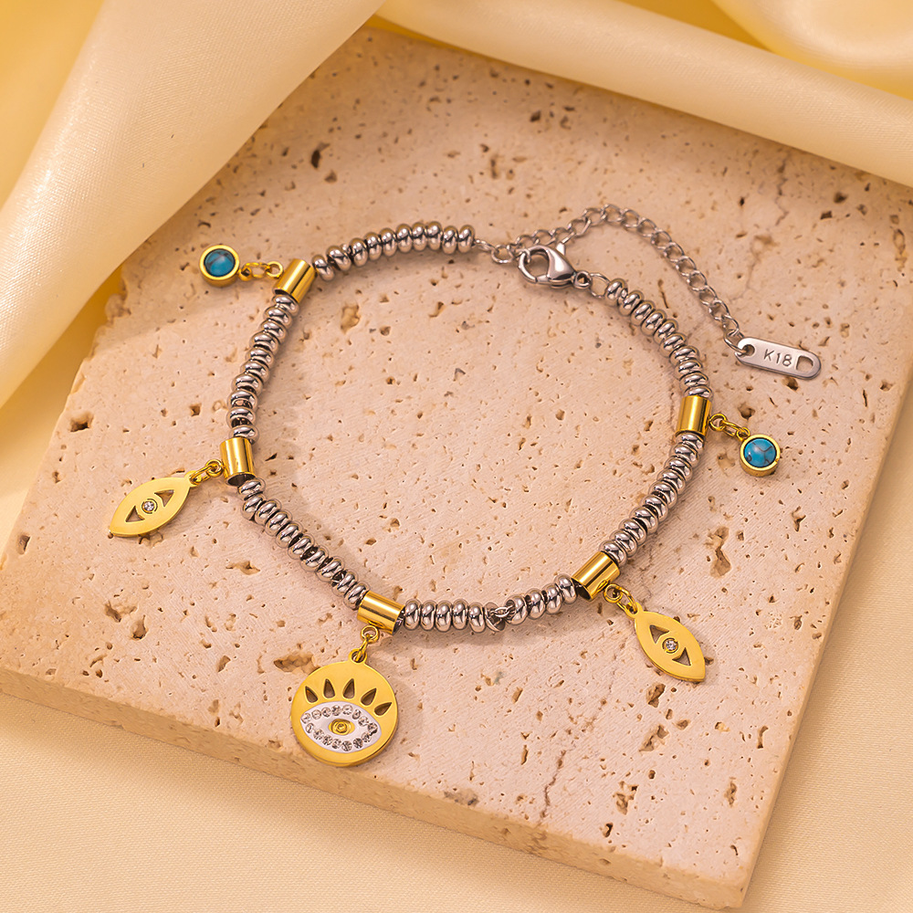 304 Stainless Steel 18K Gold Plated Classic Style Plating Inlay Round Water Droplets Eye Artificial Rhinestones Resin Stone Bracelets Necklace display picture 2